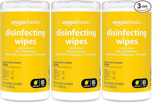 Amazon Basics Disinfecting Wipes, Lemon Scent, Sanitizes/Cleans/Disinfects/Deodorizes, 255 Count (3 Packs of 85)
