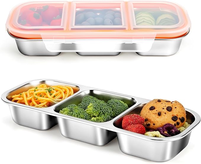 Stainless Steel Snack Containers, Reusable Snack Containers with Lids Stainless Steel Lunch Box with 3 Compartment Divided Food Storage for Home Work Travel Outdoor Camping (Orange 2 Pack)