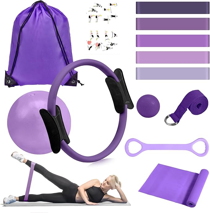 HASHMUST Pilates Ring Kit 12 PCS for Women, Home Workout Equipment with Magic Circle, Mini Exercise Ball, Resistance Bands, Massage Lacrosse, Yoga Strap, Full-Body Fitness Set for Toning & Gift