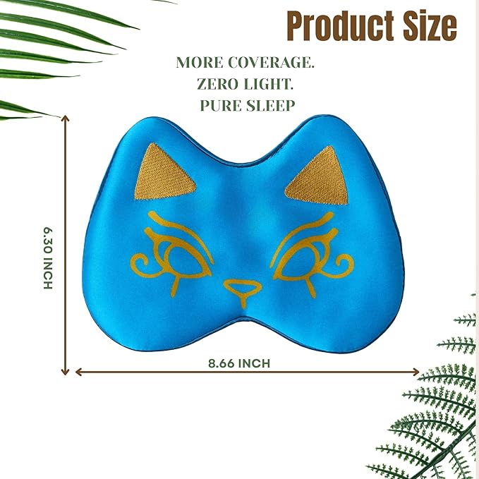 Silk Sleep Mask Blindfold Eye Mask for Sleep Cute Cat Print Embroidered Eye Cover Adjustable Oversized Egyptian Bastet with Gift Box&Pouch(Nefertari Blue-Adjustable Strap)