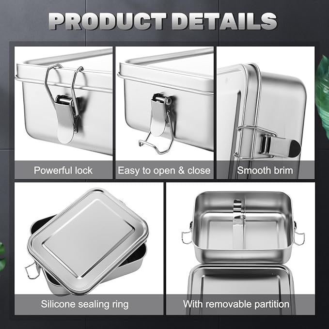 Umigy 1 Pcs Stainless Steel Food Containers Metal Bento Lunch Box Stainless Steel Food Storage Containers, Lockable Clips to Leak Proof, Reusable Dishwasher Snack Boxes for Work, Picnic (1200ml)