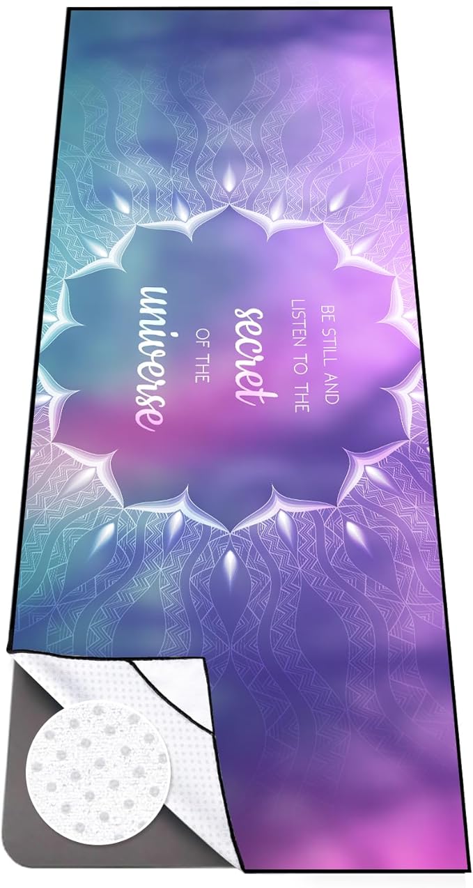 Colorful Star Yoga Towel with Corner Pockets, Non Slip Grip Dots Sweat Absorbent Hot Yoga Mat Towels, Yoga Blankets with Travel Bag, Mat Cover for Workout, Gym, Fitness - 70"x26", Purple Blue Lotus