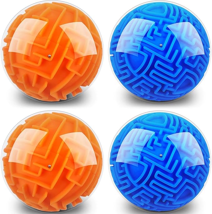 Sumind 4 Pcs 3D Puzzle Maze Ball Magic Brain Teasers Games Memory Sequential Gravity Maze Cube Ball Sphere Educational Puzzle Toys for Adult Hard Challenges(Blue, Orange)
