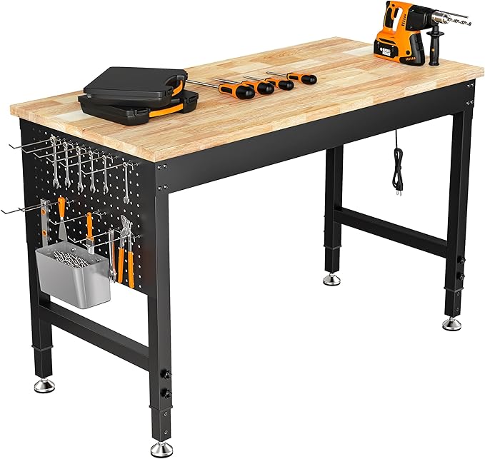 48" Adjustable Heavy Duty Workbench, 2000 LBS Load Capacity Rubber Wood Work Table with Pegboard, Power Outlets, Work Bench for Garage, Workshop, Office, Home, Commercial