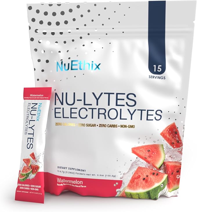 NuEthix Formulations NU-LYTES Electrolytes Hydration Packets, Zero Calories, Zero Sugar, Zero Carbs, Non-GMO, Electrolytes Powder Packets, Glycogen Replenishment, 15 Servings (Watermelon)