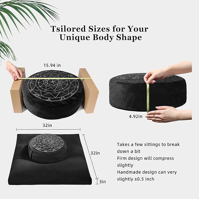 Zafu & Zabuton Meditation Cushion Set - Buckwheat Hull & Memory Foam Pillows, Ergonomic Support for Yoga, Mindfulness - Organic Velvet Cover, Large Size, Durable Comfort (Black)