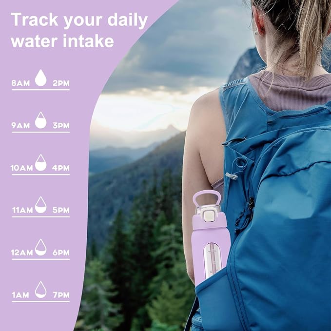 24 oz Glass Water Bottles with 2 Lids-Handle Spout Lid & Straw Lid, Motivational Water Bottle with Time Marker and Silicone Sleeve,Leakproof-Purple-1 Pack
