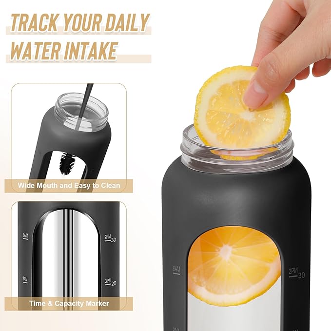 25 oz Glass Water Bottles - Motivational Tumbler With Time Marker - Borosilicate Glass Bottle, Silicone Sleeve, 2 Lids,Handle Spout & Bamboo Straw, Black