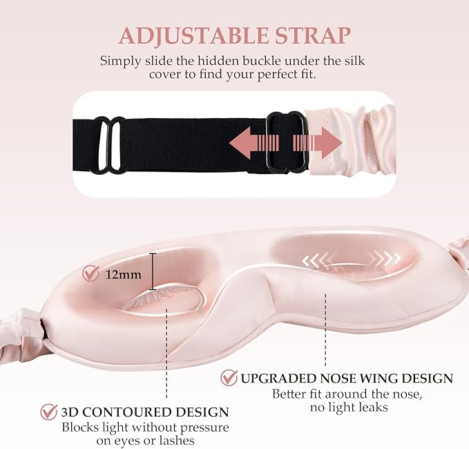 100% 22 Momme Mulberry Silk Sleep Mask with Adjustable Strap, 3D Contoured Cup Silk Eye Mask for Sleeping, Total Black Out, Pink