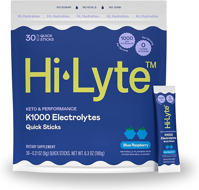 Hi-Lyte K1000 Electrolytes Sticks Blue Raspberry Keto & Performance, 30 Servings - 1000mg Potassium + Magnesium, Sodium, Trace Minerals - 0 Carbs, 0 Sugar