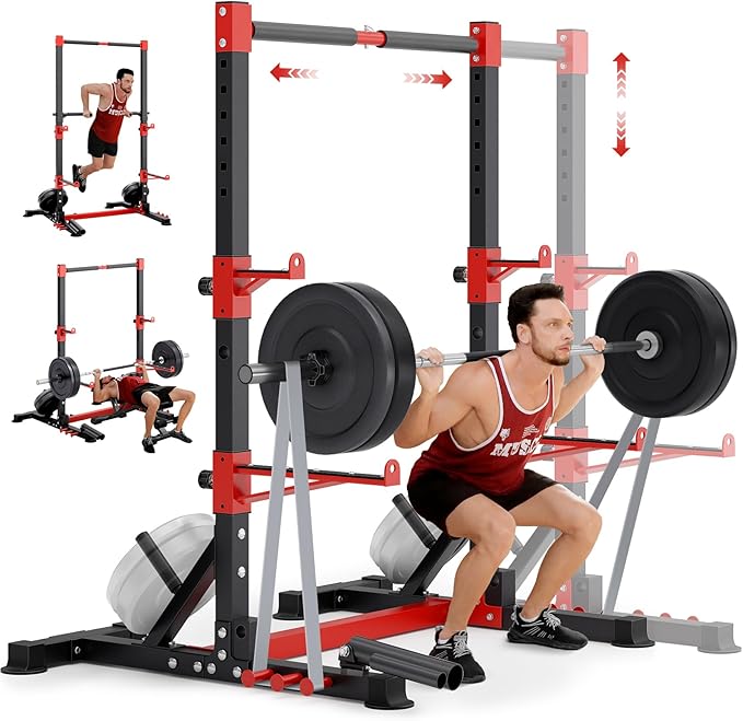 YOLEO Squat Rack with Adjustable Pull-Up Bar & Extended Safety Arms, Multi-Functional Power Racks Squat Stand for Home Gym, Garage & Basement, 35"-67" Width, Fixed 83” Frame Height, Pull-Up Bar Height 71.5"-80.5", Fits 6FT & 7FT Barbells