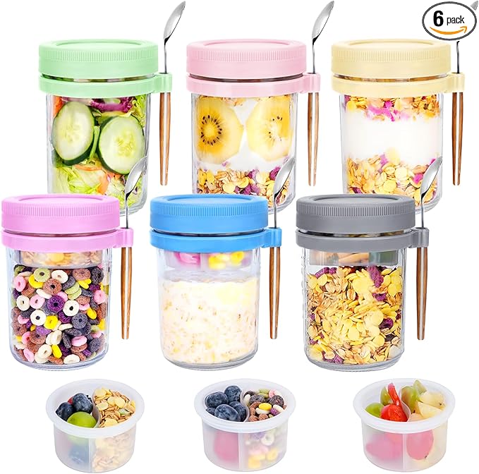 6 Pack Overnight Oats Containers with Lids, Spoons, Divided Compartments - 16 oz Glass Wide Mouth Mason jars, BPA-free, Leak Proof - Meal Prep Jars for Yogurt Parfait, Chia Pudding, Oatmeal