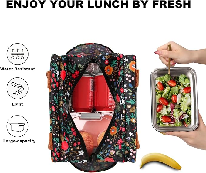 Joymee Lunch Bag Women Insulated Lunch Box Reusable Leakproof Large Spacious Cooler Tote for Womens Mens Adults with Bottle Holder and Side Pockets for Work Office Travel Picnic - Multi-Floral