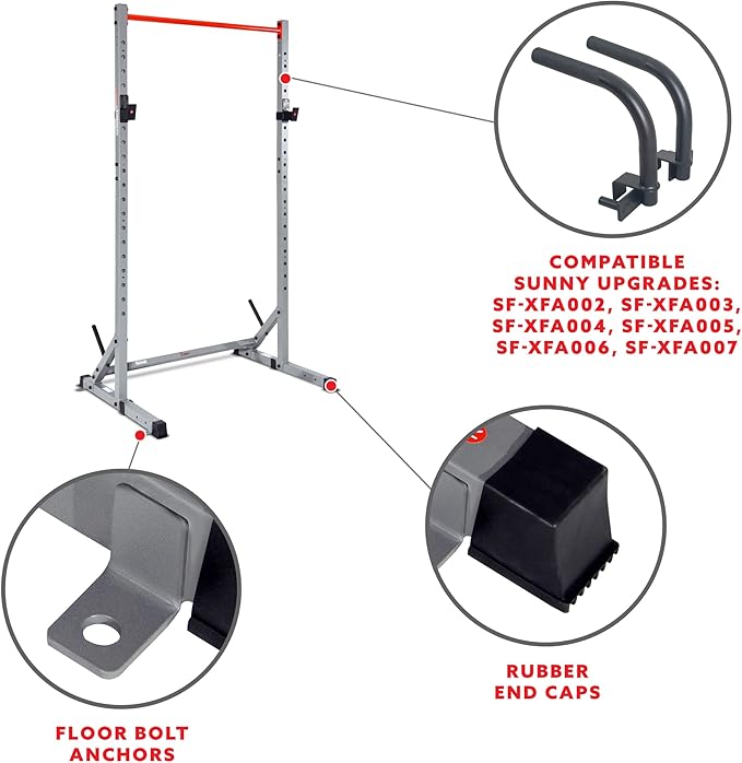 Sunny Health & Fitness Multifunctional Strength Training Home Gym – Complete Workout Equipment with Training Attachments, Optional Squat Stand, Power Rack Cage, Adjustable Incline Bench