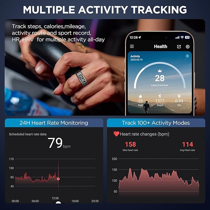 Smart Ring for Women with Display Screen, Sleep Ring for Men with Heart Rate, Fitness Tracker/Step tracker for Activity Monitoring/Steps/Calories,Wireless Charging, for iOS Android (RoseGold,11#)