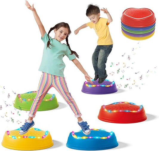 Music Light Up Stepping Stones for Kids Toddler - 5PCS Non-Slip Stackable Plastic Sensory Stepping Stones, Preschool Obstacle Course Balance Board Game, Gross Motor Energy Toys for Indoor Outdoor
