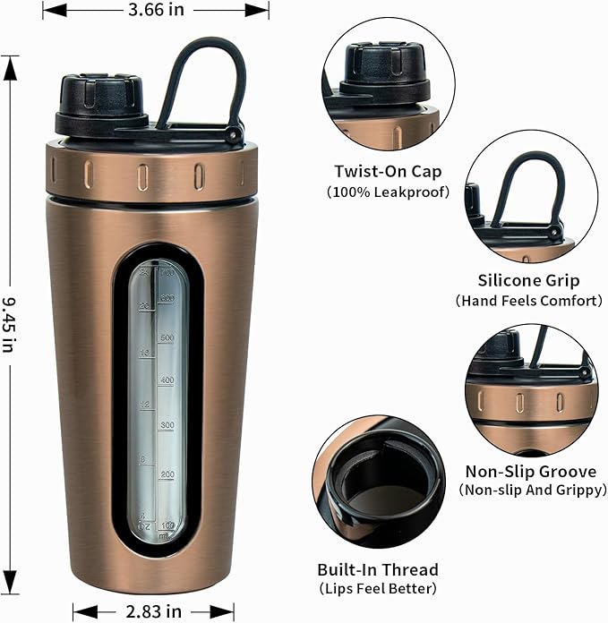 TOOFEEL Stainless Steel Shaker - 28 oz Protein Shaker Cup With 2 Whisk All, Visible Window, Leakproof, Not Cold/Hot, For Gym Workout