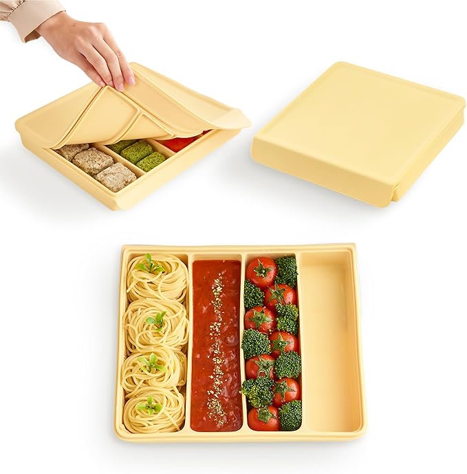 Silicone Food Storage Containers with Airtight Lids, 26.4oz Dual-Seal Leakproof Silicone Freezer Molds for Baby Food, Snacks, Cutlery & More - BPA Free, Stackable, Microwave, & Dishwasher Safe, Yellow