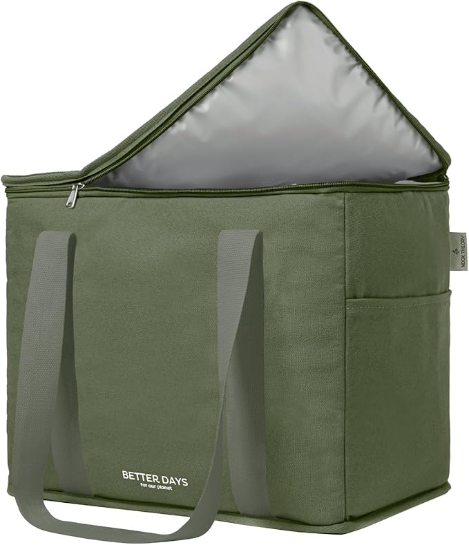 Nook Theory Reusable Insulated Grocery Bag - Leak Proof, X Large Insulated Cooler Bag - Insulated Shopping Bags for Groceries - Travel Cooler Bag for Frozen and Hot Food with Zippered Top (Forest)