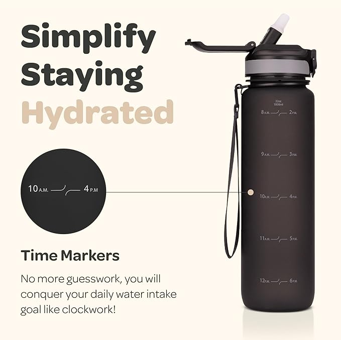 Hydracy Water Bottle with Time Marker -Large BPA Free Water Bottle & No Sweat Sleeve -Leak Proof Gym Bottle with Fruit Infuser Strainer & Times to Drink -Ideal for Fitness Sports & Outdoors