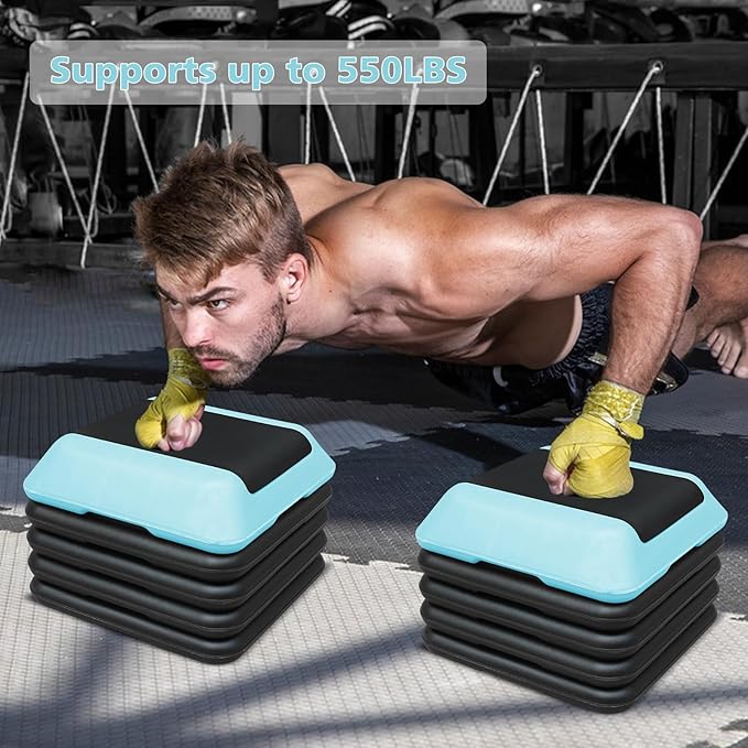 16"x16" Exercise Aerobic Step Platform with 4 Risers, Adjustable Height 4"-6"-8"-10"-12" Workout Stepper for Home Gym Fitness Strength & Training