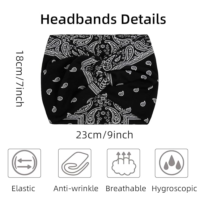 AKTVSHOW 7'' Wide Bandana Headbands for Women, 10 Pack Large Boho Paisley Turban Headband Fashion Non Slip Hairbands Thick Head Wraps Yoga Workout Hair Accessories