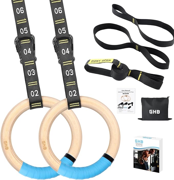 GHB Gymnastic Rings Wooden Gym Rings 1.25" Olympic Rings Adjustable Straps Pull Up Rings Sets for Workout Bodyweight Fitness Training
