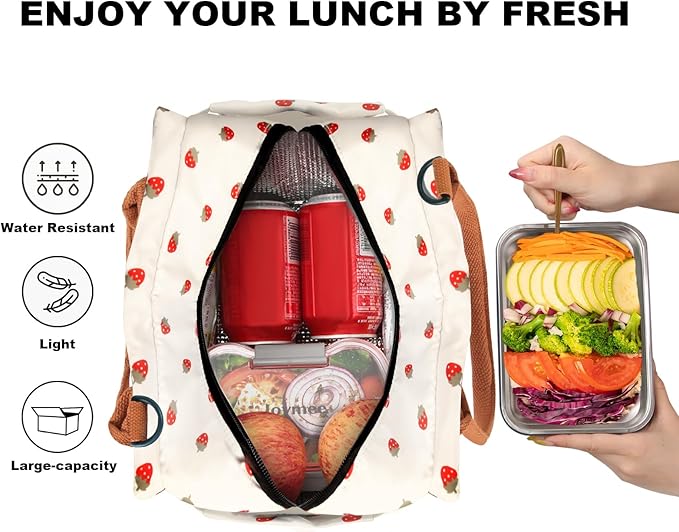 Joymee Lunch Bag Women Insulated Lunch Box with Adjustable Shoulder Strap Large Reusable Leakproof Spacious Cooler Tote for Women Men Adult with Bottle Holder and Side Pockets - Strawberry