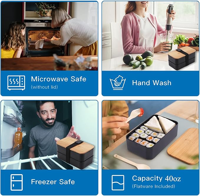 Japanese Bamboo Bento Box with Compartments and Utensils Stackable Lunch Box Includes Lunch Bag for Meal Prep Black