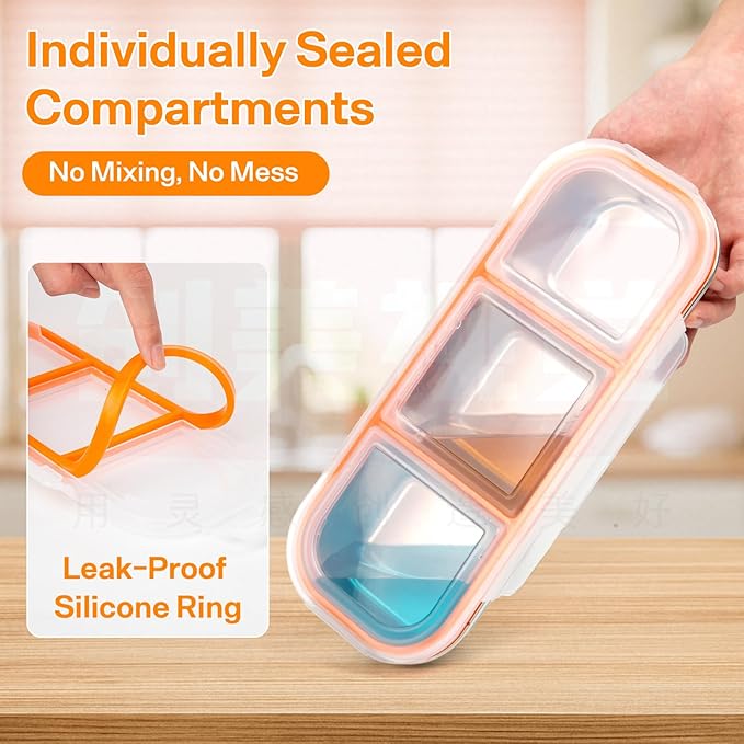 Stainless Steel Snack Containers, Reusable Snack Containers with Lids Stainless Steel Lunch Box with 3 Compartment Divided Food Storage for Home Work Travel Outdoor Camping (Orange 3 Pack)