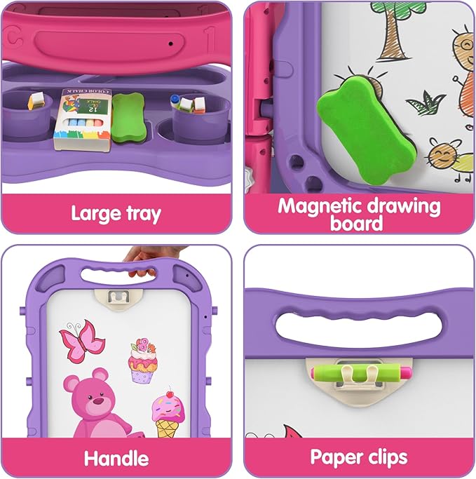 Amagoing Easel for Kids, Adjustable Standing Art Easel for Toddler, Double Side Drawing Board with Painting Accessories, Birthday Christmas Gift Toy for Boys Girls 3 4 5 6 Years Old, Purple