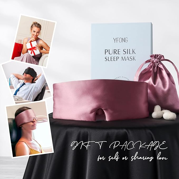 YFONG 100% Mulberry Silk Sleep Mask, Total Blackout Eye Mask for Women & Men, 22 Momme 6A Grade Silk with Adjustable Band Designed for Side Sleeper Pink