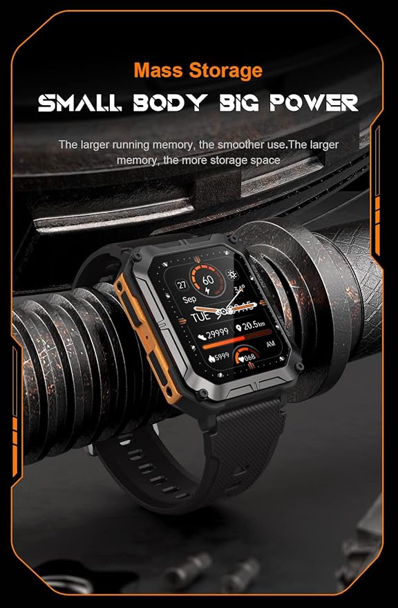 Gravity C20 Pro 1.83" Rugged Smartwatch, IP68 Waterproof, Bluetooth Call, AI Voice, 100+ Sports Modes, Heart Rate & Sleep Monitoring, Shockproof, Fitness Tracker for iOS & Android (Black)