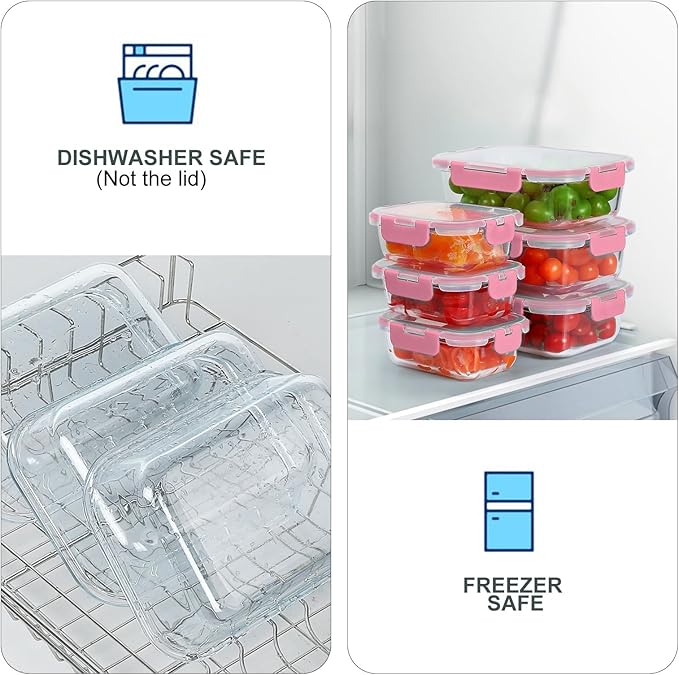 KOMUEE 10 Pack Glass Food Storage Containers, Meal Prep Containers with Lids, Airtight Glass Lunch Boxes, Freezer, Oven, and Microwave Safe, Pink
