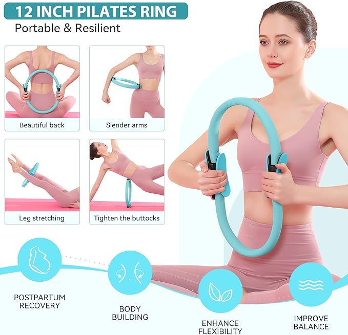 HASHMUST Pilates Ring Kit 12 PCS for Women, Home Workout Equipment with Magic Circle, Mini Exercise Ball, Resistance Bands, Massage Lacrosse, Yoga Strap, Full-Body Fitness Set for Toning & Gift