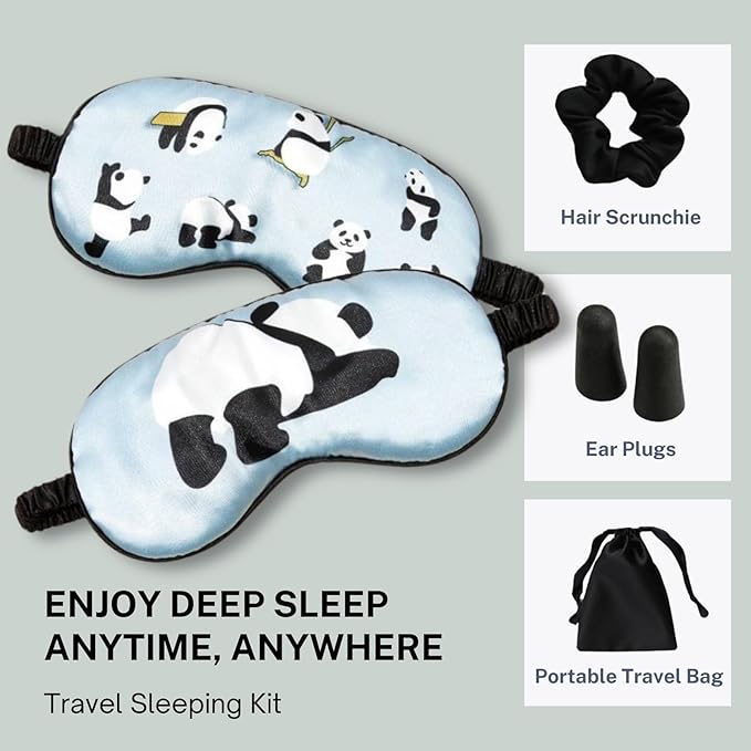 Satin Sleep Eye Mask, Cute Panda Eye Mask for Sleep, Soft Silk Satin Sleeping Mask Blindfold for Women and Men, Blackout Eyeshade Eye Cover Travel Essentials