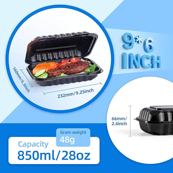 YANGRUI Takeout Containers 9x6 28 oz 50 Pack - Shrink Wrapped Mineral-Filled BPA Free PP Plastic | Reusable Heavy Duty Microwave & Freezer Safe | Restaurant Grade Black Clamshell Food Container