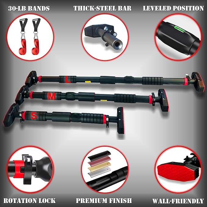 Pull Up Bar for Hallway or Doorway 6-piece Set with Two Attachable Resistance Bands/Handles, Training Manuals, No Screws Chin Up Bar, Max 680lbs, Width options: 27-37", 37-47"; 46-53"