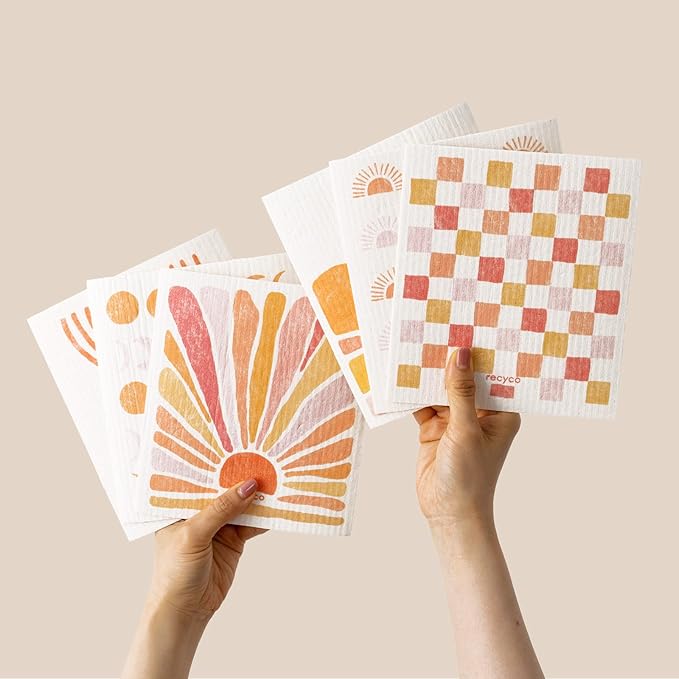 RECYCO Swedish Dishcloths for Kitchen | 6 Pack Desert Sunset Washable Dish Rags | Cellulose Reusable Cleaning Paper Towels | Absorbent Counter Dish Cloth Sponge Kitchen Wipes, 8" L x 7" W