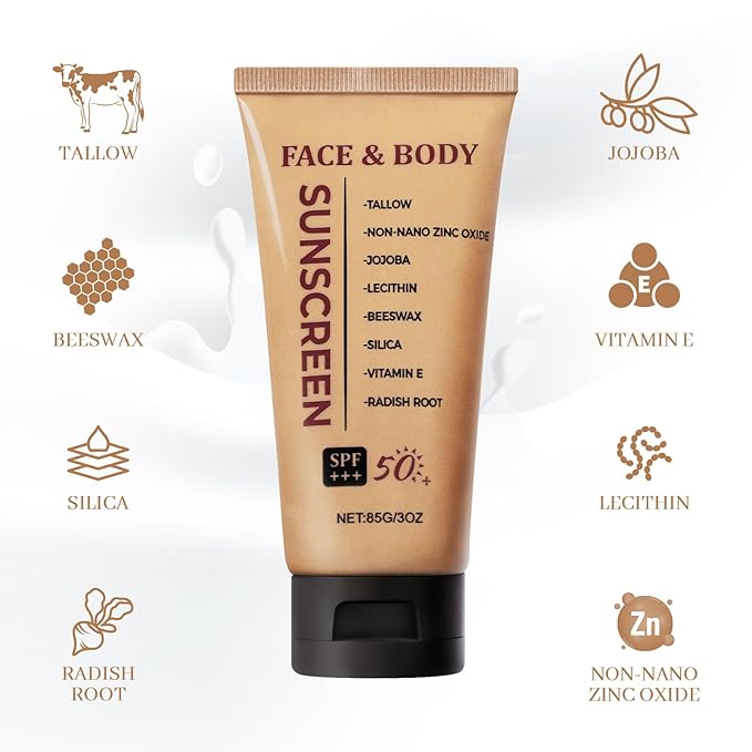 Tallow Sunscreen Grass-Fed Beef Tallow Sunscreen with Non Nano Zinc Oxide SPF50 Mineral Natural Sunblock for Face and Body Non-Greasy, 3 OZ