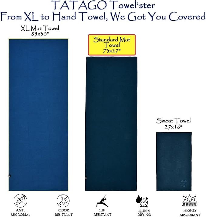 Tatago Hot Yoga Towel Non Slip Grip in 2 Sizes. Premium Yoga Towels for Hot Yoga Non Slip, Hot Pilates Mat Towel or Yoga Mat Towel Thicker, Softer, More Absorbant & Durable!