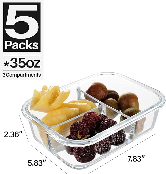 BAYZZ 5 Pack 35 Oz Glass Meal Prep Containers 3 Compartments, Glass Food Storage Containers, Lunch Bento Box with Airtight Lids, Microwave, Freezer & Dishwasher Safe, White