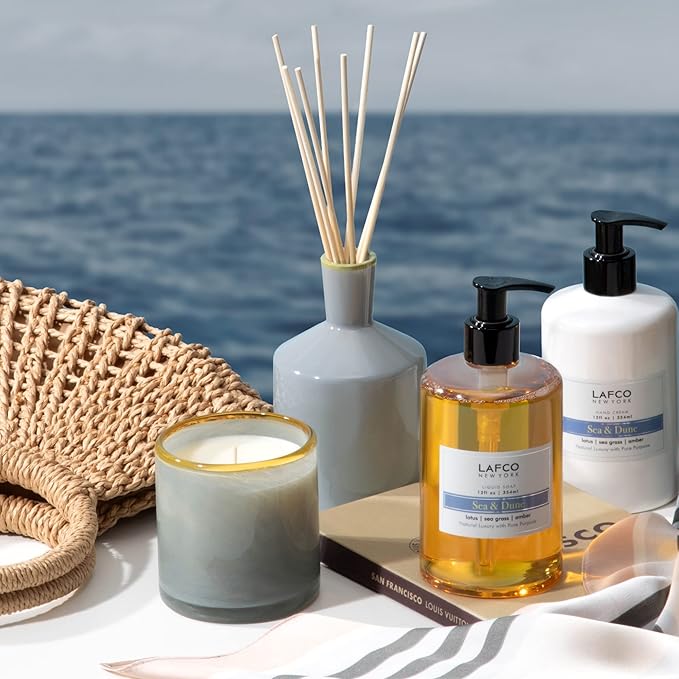 LAFCO New York Classic Reed Diffuser, Sea & Dune - 6 oz - Up to 3 Months Fragrance Life - Reusable Glass Vessel - Natural Wood Reeds - Made in The USA