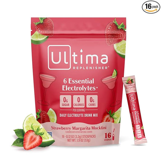 Ultima Replenisher Daily Electrolyte Powder Drink Mix - Sugar Free - Strawberry Margarita, 16 Stickpacks - Hydration Packets with 6 Electrolytes and Trace Minerals - Keto Friendly, Vegan, Non-GMO