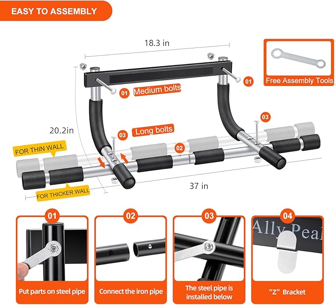 Ally Peaks Pull Up Bar for Doorway | Thickened Steel Max Limit 440 lbs Upper Body Fitness Workout Bar| Multi-Grip Strength for Doorway | Indoor Chin-Up Bar Fitness Trainer for Home Gym Portable |180