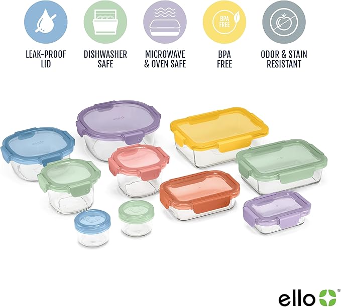Ello Color Lock 20PC Mixed Glass Food Storage Sets, Leak-Proof Glass Food Storage Containers with Airtight BPA-Free Plastic Lids, Dishwasher, Microwave, and Freezer Safe, Desert Festival