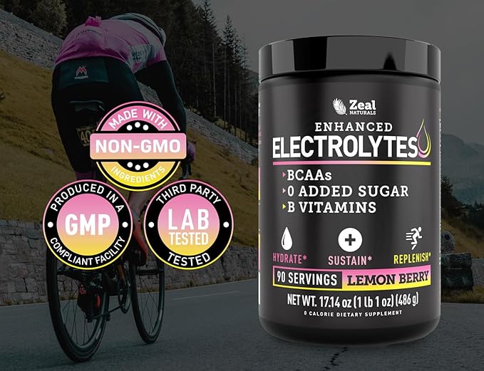 Zeal Naturals Electrolyte Powder Recovery Drink (90 Servings | Lemon Berry) w/ 0 Sugar +BCAAs +B-Vitamins Electrolyte Supplement w Potassium Zinc & Magnesium for Hydration - Keto Electrolytes