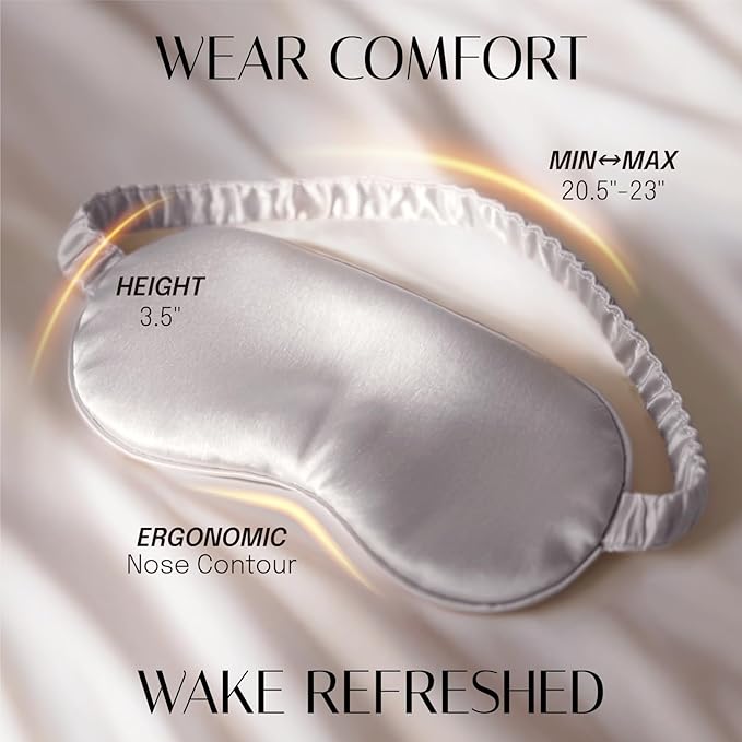 OLESILK Silk Sleep Eye Mask Blindfold with Double Layer Filling for Full Night's Sleep, Silk Wrapping Strap- Luxury Eye Cover Eyeshade for Women Men with Travel Bag and Ear Plugs, Silver