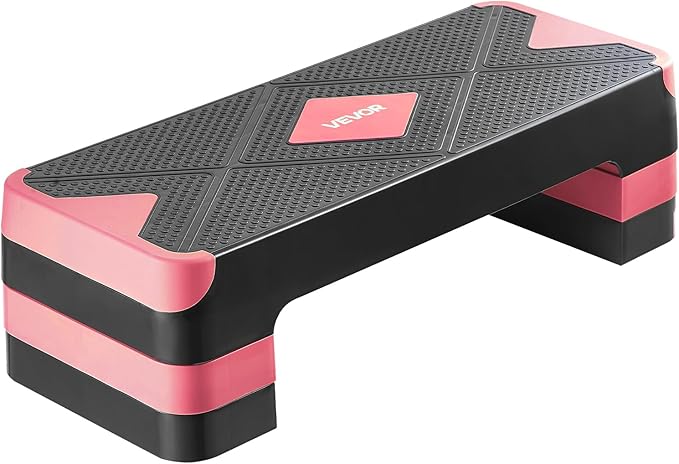 VEVOR Aerobic Exercise Step Platform, 28-Inch Workout Aerobic Stepper, Height Adjustable Fitness Training Step Deck Trainer with 4 Risers, Non-Slip Surface Bench for Home Gym Cardio Strength