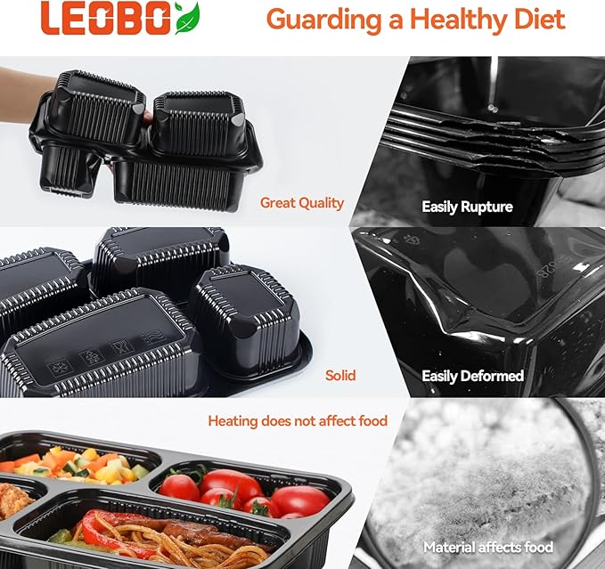 Meal Prep Containers 34oz 40 Pack - BPA Free PP Plastic Shrink Wrap & Leak Proof Takeout Box | Dishwasher Freezer & Microwave Safe Reusable for Bulk Cooking | Black 4 Compartment Food container